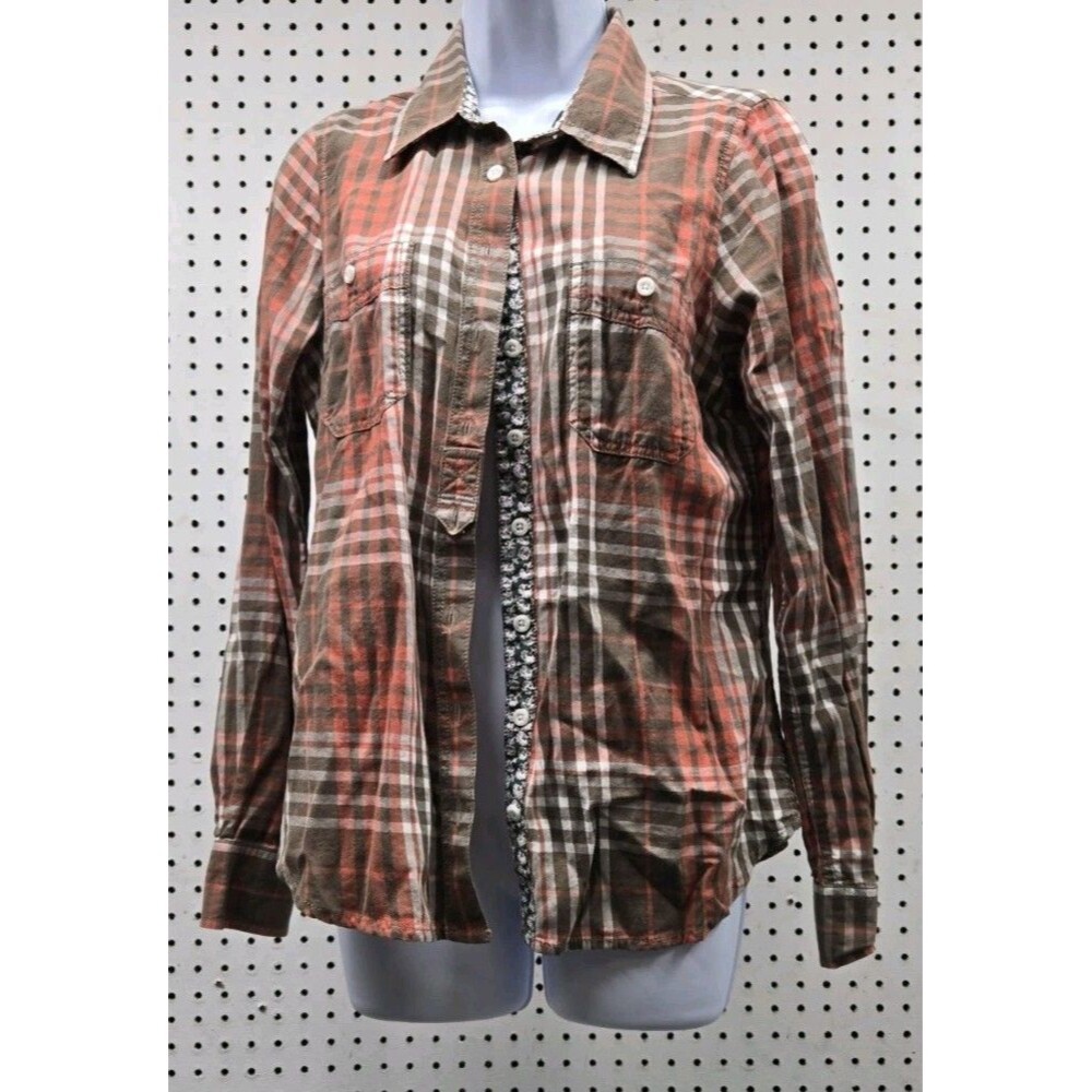 Aventura Womens Medium Olive Red Plaid Organic Cotton Button Up